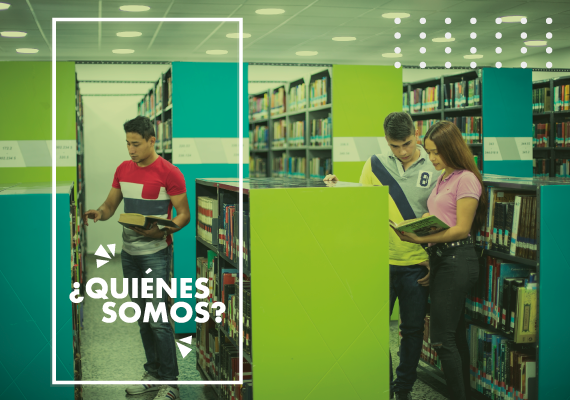Imagen de estudiantes consultando libros en las estanterías de la Biblioteca de la Universidad de Ibagué, imagen para la sección quiénes somos
