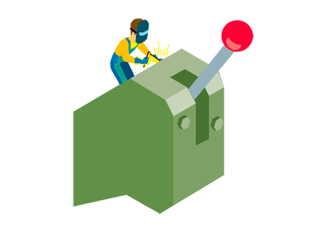 Ilustración de personaje masculino operando una máquina para el programa de Ingeniería Industrial de la Universidad de Ibagué